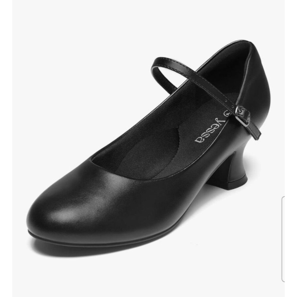 Yessa Womens Black Leather 8.5 Ballroom Dance Shoes Latin Swing Salsa Pumps